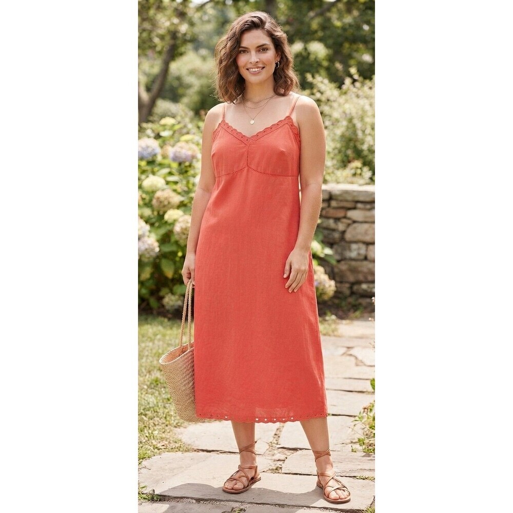 Old Navy Linen Midi Dress Orange Smocked Eyelet Spaghetti Straps XL Petite